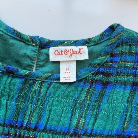 Cat & Jack Green & Blue Plaid Smocked Short Sleeve Dress Girls Size 5T NWOT - Picture 7 of 8